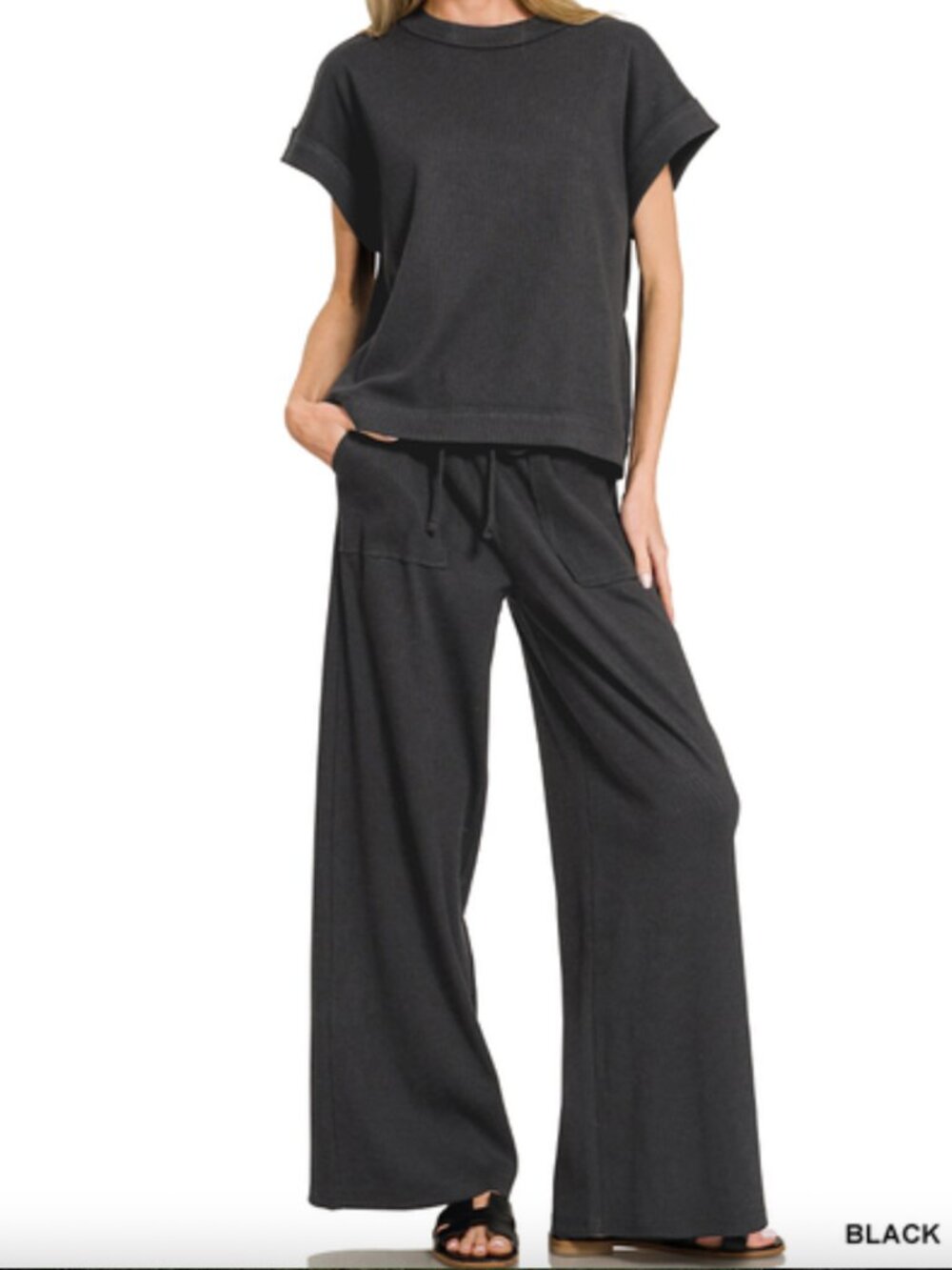 Ribbed Short Sleeve Tee & Pants Set in Black